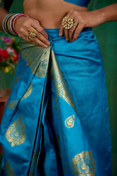 Shop Elegant Teal Banarasi Art Silk Woven Ready to Wear Saree Online - Best Prices-RTW-1575
